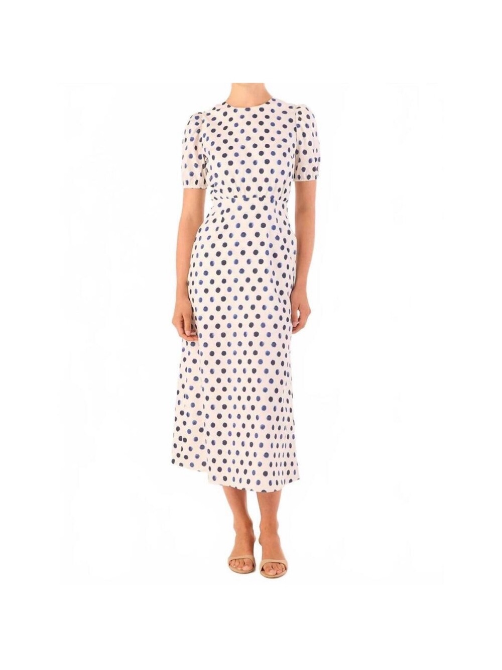 Misa Los Angeles White Midi Dress with Navy Polka Dots